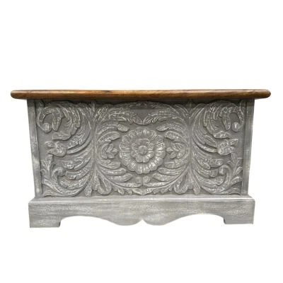 Holztruhe Wäschetruhe Truhe Kiste Box Holz Massiv Antik-Optik Grau Braun 80cm  - Bild 1 von 3