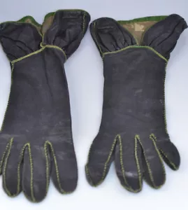 VINTAGE DAMEN HANDGENÄHTE 14" LANGE LEDERHANDSCHUHE DUNKELBLAU MIT GRÜNEM BESATZ - Bild 1 von 5