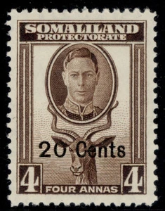 SOMALILAND PROTECTORATE GVI SG128, 20c on 4a sepia, LH MINT. - Picture 1 of 1