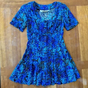VTG 80s Floral Romper Rayon Blue Playsuit Abstract Farm Rio Vibes Sz 7 - Picture 1 of 7