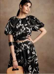 Banana Republic Womens Black White Floral Ramie Open Back Crop Top - Picture 1 of 8