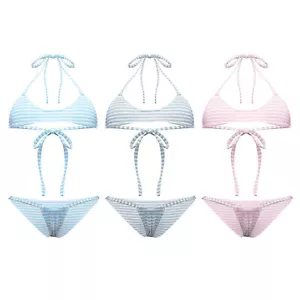 Women Bikini Stripes Swimsuit Micro Lingerie Set Fun 2Pcs Underwear Halter Neck - Picture 1 of 27