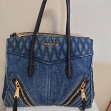 Miu Miu Women's Tote Bag Handbag Biker Denim Leather Indigo Blue Black Authentic