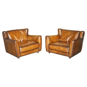 PAIR OF RESTORED BAXTER BERGER HAND DYED CIGAR BROWN LEATHER LOVE SEAT ARMCHAIRS - Picture 1 of 12