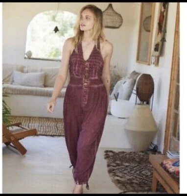 Free People Size Small Travel Light Halter Neck Smocked Jumpsuit Plum - Image 1 of 4