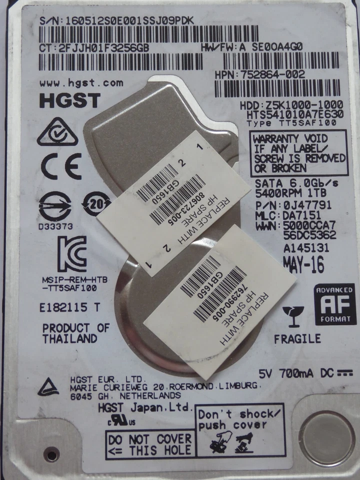 HGST HTS541010A7E630 MLC: DA7151 P/N: 0J47791 MAY-16 - 1TB - Bild 1 von 1