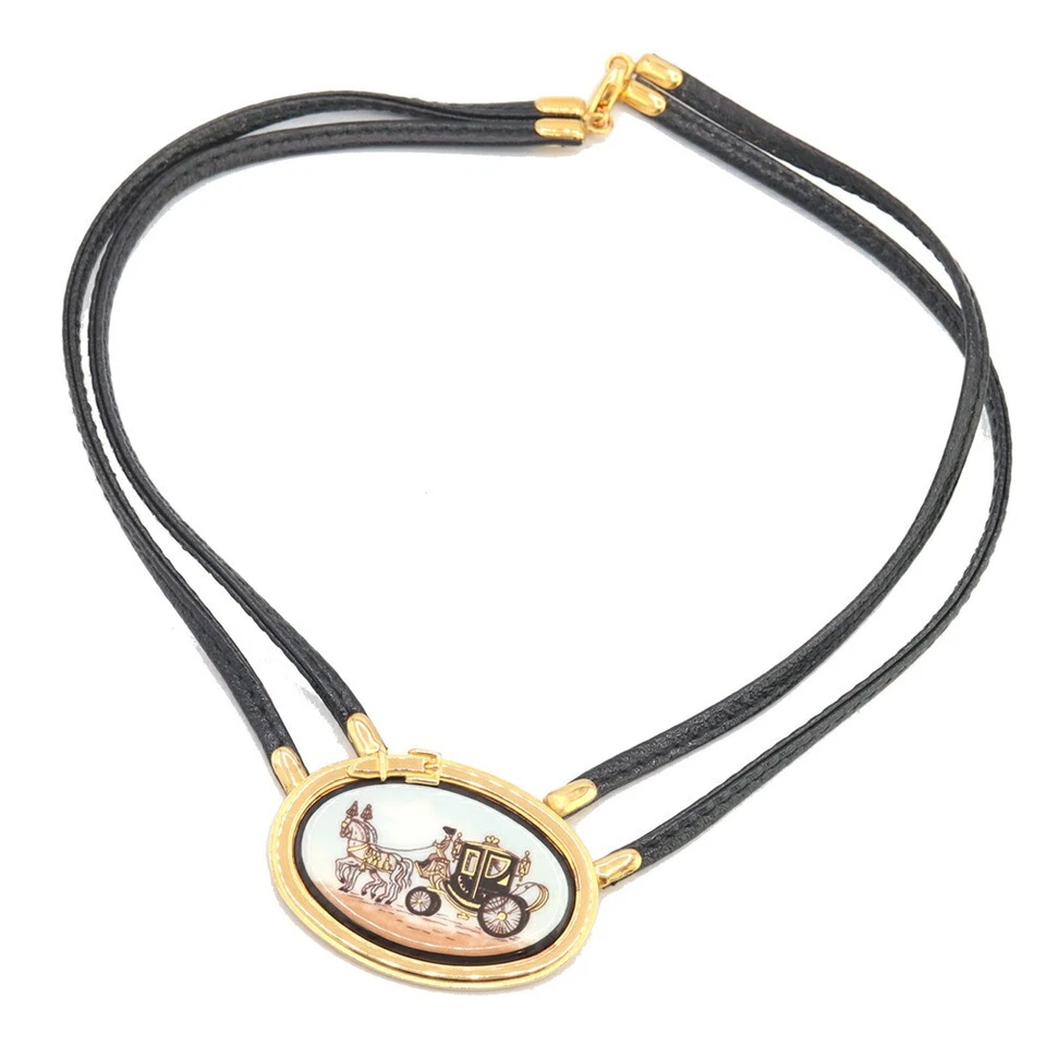 Hermes necklace, enamel, choker, black, gold hardware, cloisonn?, leather, - Image 1 of 4