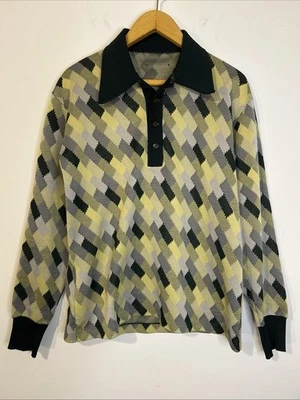 Винтажная рубашка-поло 70-х с геометрическим узором с длинным рукавом - ретро-мод стиль Ban-Lon - Изображение 1 из 4