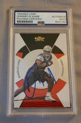 Tarjeta de novato de fútbol americano firmada por DeMarcus Ware 05 Topps Finest RC IP automática PSA Cowboys Foto 1 de 3