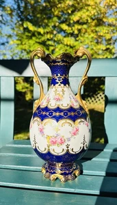 Antique Royal Crown Derby Porcelain Vase Cobalt Blue + Gold with Pink Roses 10” - Picture 1 of 24