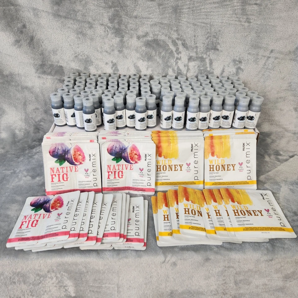 ENORME LOTE 160 muestras de cuidado del cabello Rusk/tamaños de viaje champú, mascarilla acondicionadora LEER Foto 1 de 4