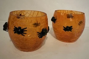 2 Crackle Glass Orange Spiderweb W/Spiders Tea Light Holders The White Barn Cand - Picture 1 of 5