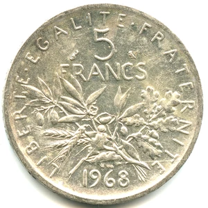 rare 5 francs argent Semeuse 1968 n°4539 - Imagen 1 de 2