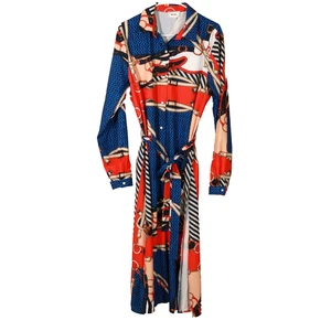 WoWo Shirt Dress Duster XL Red Blue Gold Equestrian Bridle Stirrup Long Sleeve - Picture 1 of 16