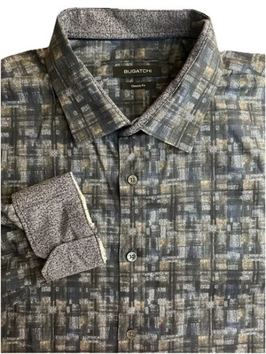 Bugatchi Men's ButtonUp Contrast Collar Cuff Long Sleeve Shirt Geometric Blk 2X - Image 1 of 4