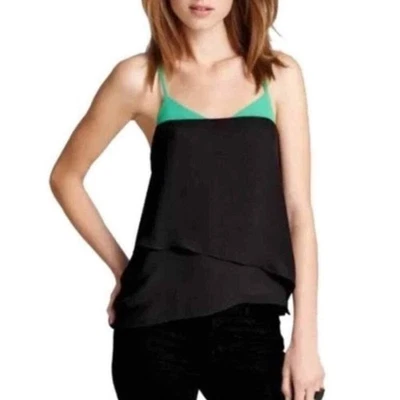 BCBGMaxazria Black Green Blouse Tank Womens Small Asymmetrical Racerback Flowy - Image 1 of 4