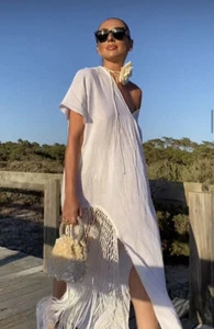 NWT_ZARA WOMAN SS23 LINEN DRESS WITH FRINGE WHITE | 7495/810_XS-L - Picture 1 of 15