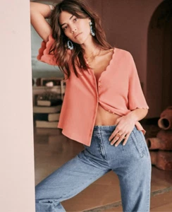 Blusa Sezane Antika Coral Relajada Abotonada Cuello en V Festoneada Francesa 38 Mujer’s - Imagen 1 de 7