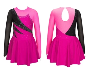 Competition Ice Figure Skating Dress w Crystals ~ Hot Pink & Black ~ Child 6 - Picture 1 of 8