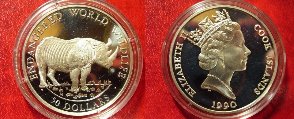 1990 Cook Is Large Silver Proof  50$ Fauna Rhino - Image 1 of 1