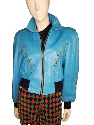Michael Hoban North Beach Leather Turquoise Cropped Bomber Jacket M Western  - Image 1 of 4