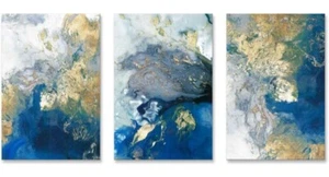 Ocean Abstract Canvas Art Blue Gold Teal Painting Crashing Waves Print 12x16in - Picture 1 of 7