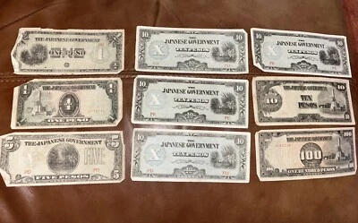 10 банкнот японского выпуска времен Второй мировой войны оккупация Филиппин 1, 5, 10 и 100 песо Япония - Изображение 1 из 4