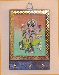 Edelstein Ganesh Malerei Holz Schlüsselanhänger Wandhalter mit drei Haken aus Indien - Bild 1 von 4