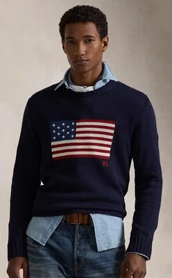 NUEVO CON ETIQUETAS Polo Ralph Lauren Azul Marino BANDERA AMERICANA Tejido Cuello Redondo Suéter Foto 1 de 4