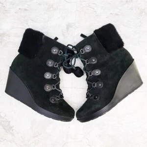 Cole Haan Wedge Ankle Black Suede Boots with pom pom ties Faux Fur Waterproof - Picture 1 of 8