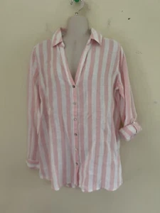 C&C California Woman's Pink & White Linen Blouse Roll Tab Sleeve Button Down S - Picture 1 of 8