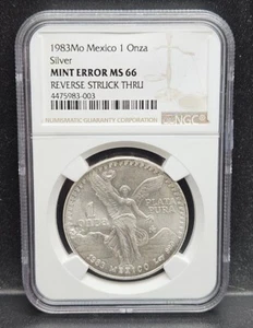1983 Mo Mexico 1 Silver Onza-Mint  Error-NGC MS66 Reverse Struck Thru - Picture 1 of 4