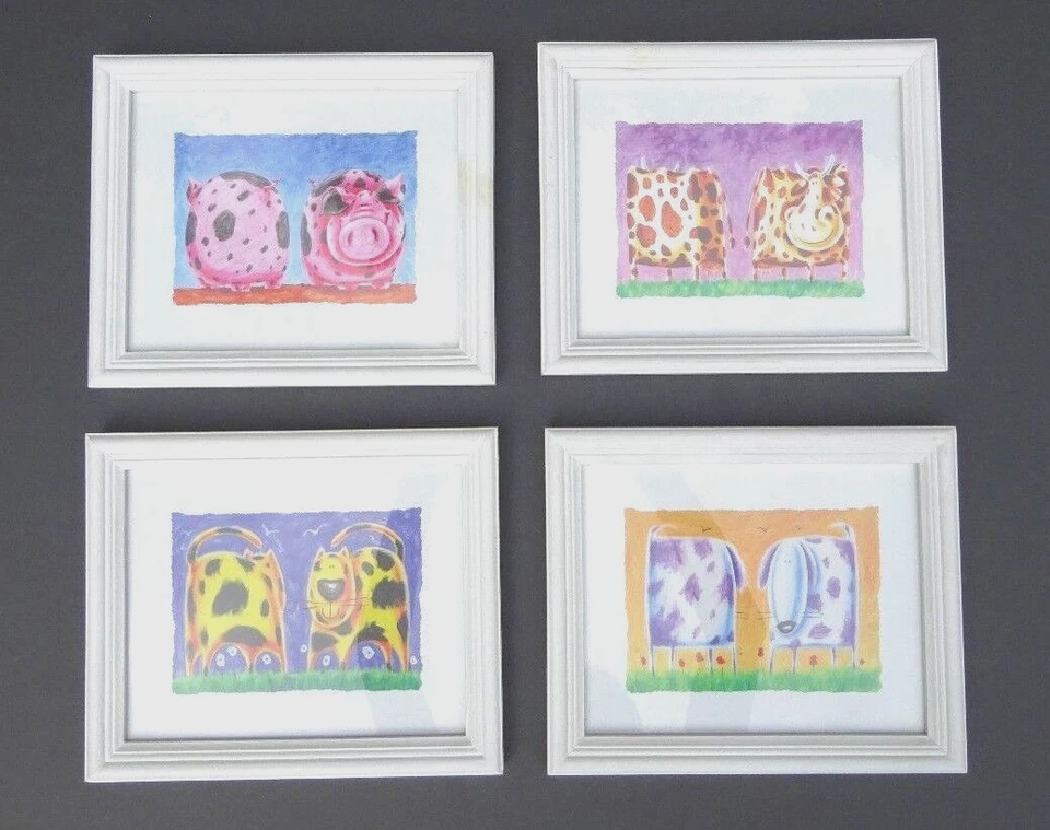 Govinder Nazran Funky Animal LITOGRAFÍAS IMPRESIONES Enmarcadas 2004 Juego de 4 Perro Cerdo Vaca Gato Foto 1 de 4