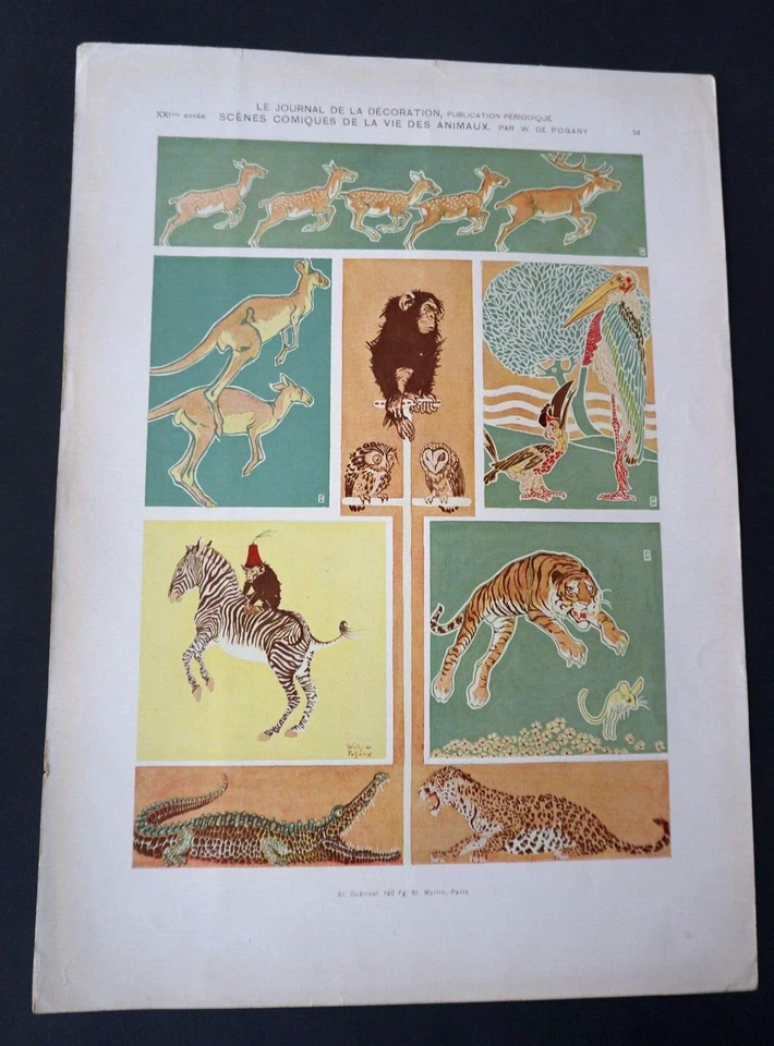 planche litho Journal de la Décoration 1900 Art Nouveau  Animaux  W de Pogany - Photo 1/1
