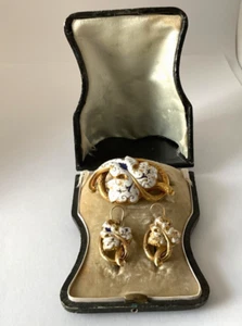 Antique 14k Gold Set Brooch Pendant & Matching Enameled Floral Earrings In Box - Picture 1 of 9