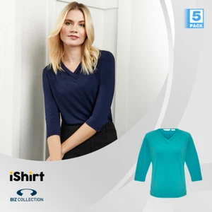 5PC X LADIES TEE POLYESTER JERSEY KNIT TOP PLEAT FOLD V-NECK 3/4 SLEEVE T-SHIRT - Picture 1 of 13