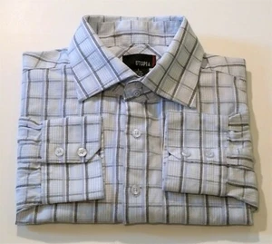 UTOPIA Mens L White Blue Black Gray Plaid 2 Button Cuff Long Sleeve Dress Shirt - Picture 1 of 4