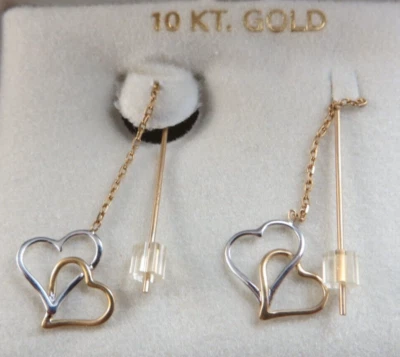 Vtg New in Box 10k Yellow & White Gold Double Heart Stick Threader Earrings #101 - Image 1 of 4