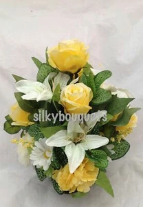 Artificial Silk Grave Pot Flower Arrangement Rose Lily All Round Yellow Memorial - Picture 1 of 5
