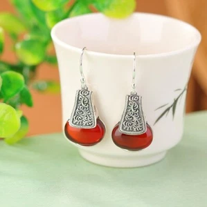 F02 Pendientes Estilo Antiguo Arabesco Ámbar Rojo Ámbar Sangre Plata 925 - Imagen 1 de 4