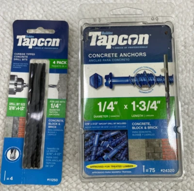Anclajes de hormigón Tapcon 1/4"x1-3/4" y brocas de hormigón con punta de carburo 1/4" Foto 1 de 4
