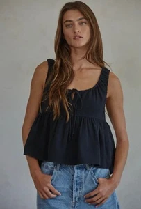 By Together - Woven 100% Cotton Sleeveless Babydoll Tank Top - BLACK - LARGE - Picture 1 of 2