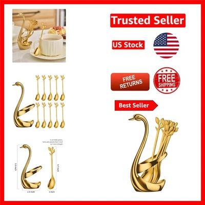 Juego de cucharas doradas de lujo con elegante soporte para cisne - Perfecto para café y postres Foto 1 de 4