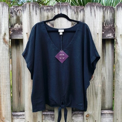 NUEVO CON ETIQUETAS 3X Blusa Negra LINO/RAYÓN Escote en V Corbata Frontal Top Recortado AVA y VIV Foto 1 de 4