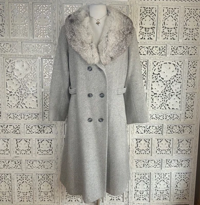 READ Arlette Gray Wool Chevron Fur Collar Double Breasted Pennylane Coat Sz M - Image 1 of 4