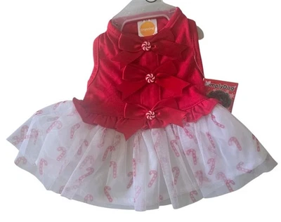 Simply Dog, Red & White Christmas, Bows, Candy Cane Skirt Puppy/Dog Dress, Small - Image 1 of 4