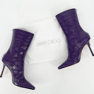Jimmy Choo Purple Agathe Croc Embossed 100mm Mid-Calf Pointed Toe Boot IT 38 - Picture 1 of 13