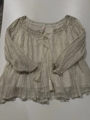 Blusa Anthropologie Raga Madi Brillo Columpio Marfil con Hilo Metálico Dorado Talla S Foto 1 de 4