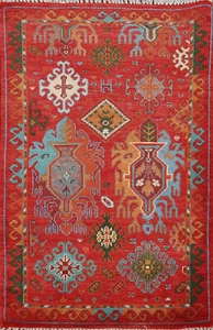 Vibrante alfombra kazaja paquistaní hecha a mano tradición patrones geométricos lana 2x3 pies - Imagen 1 de 8