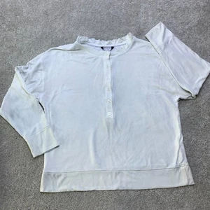 Athleta Long Sleeve Henley Top Womens L White Ribbed Pullover Ruffle Neck Flawed - Picture 1 of 14